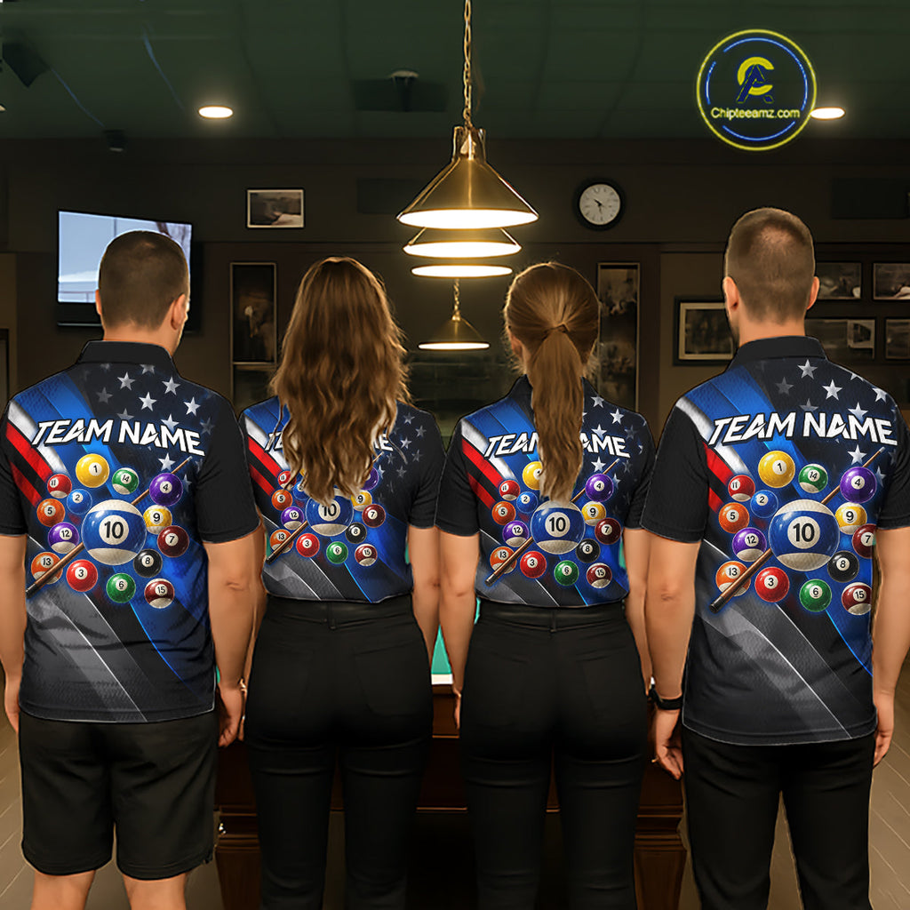 Custom American Flag Billiard Shirt 10 Ball Patriotic Pool Billiard Jersey Polo & 1/4-Zip