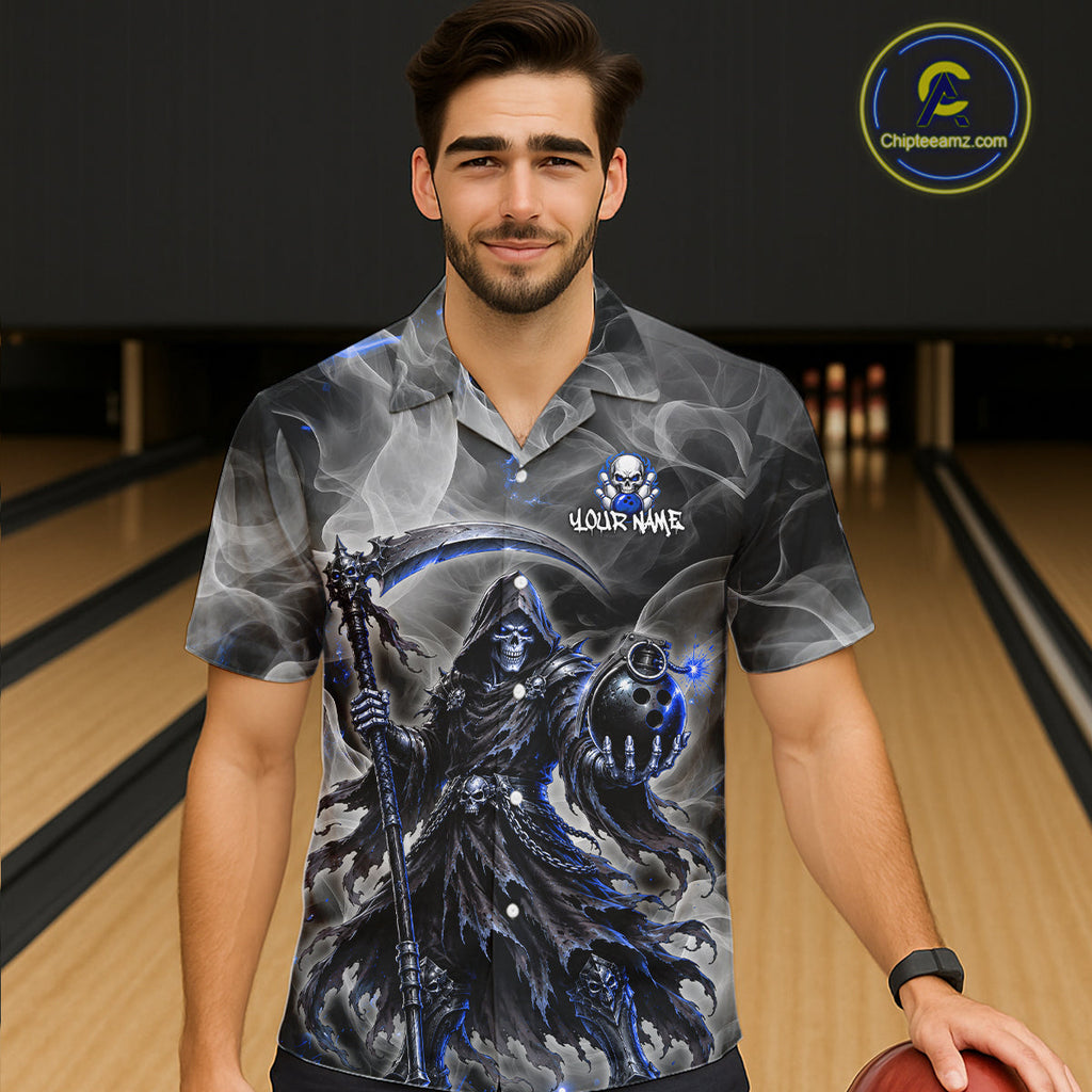 Custom Smoke Grim Reaper Bowling Hawaiian Shirt and Bowling Team Jersey