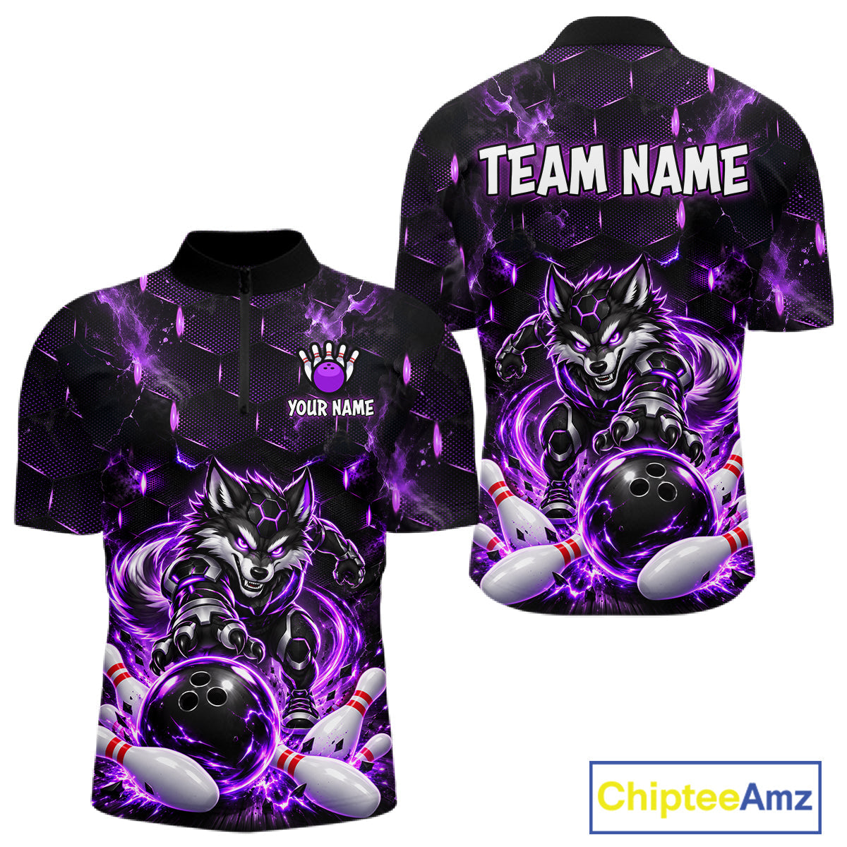 Wolf Bowling Shirt Custom Purple Bowling Team Jersey Polo & 1/4-Zip