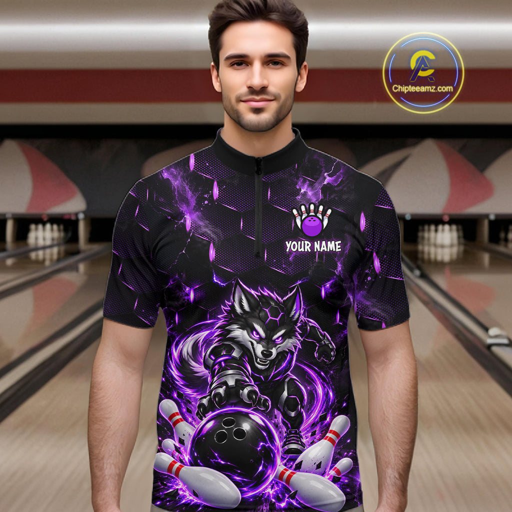 Wolf Bowling Shirt Custom Purple Bowling Team Jersey Polo & 1/4-Zip