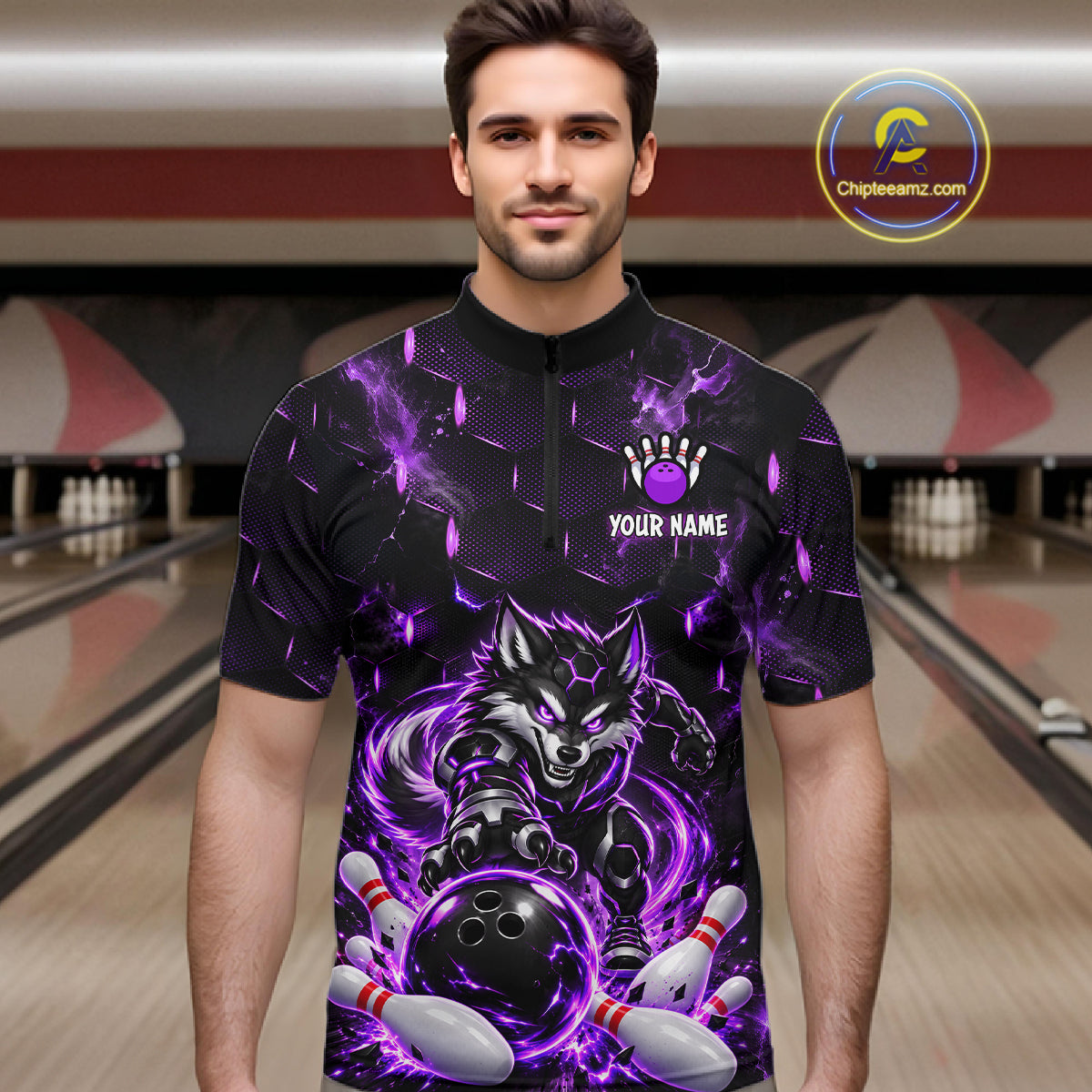 Wolf Bowling Shirt Custom Purple Bowling Team Jersey Polo & 1/4-Zip