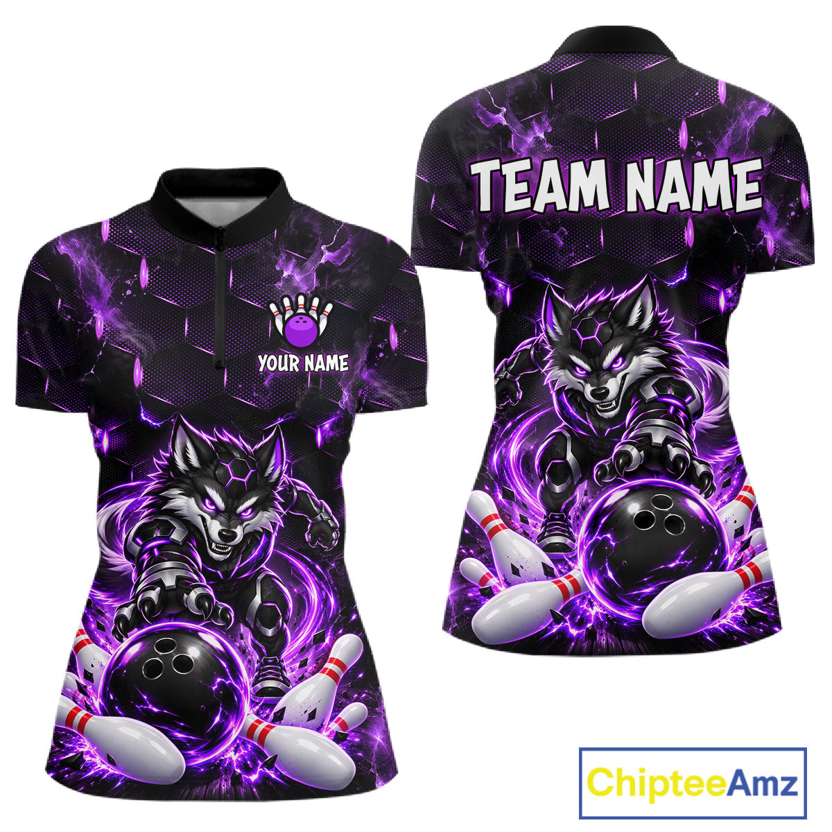 Wolf Bowling Shirt Custom Purple Bowling Team Jersey Polo & 1/4-Zip