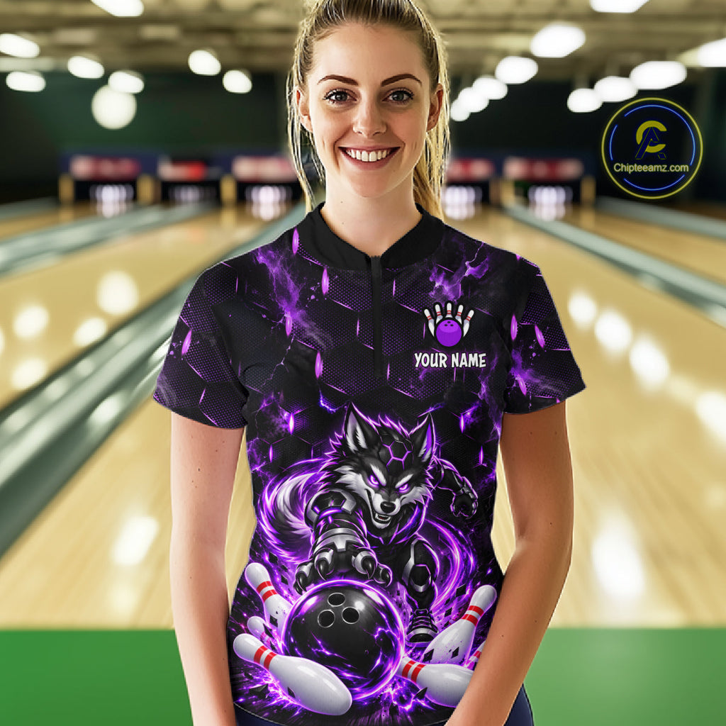 Wolf Bowling Shirt Custom Purple Bowling Team Jersey Polo & 1/4-Zip