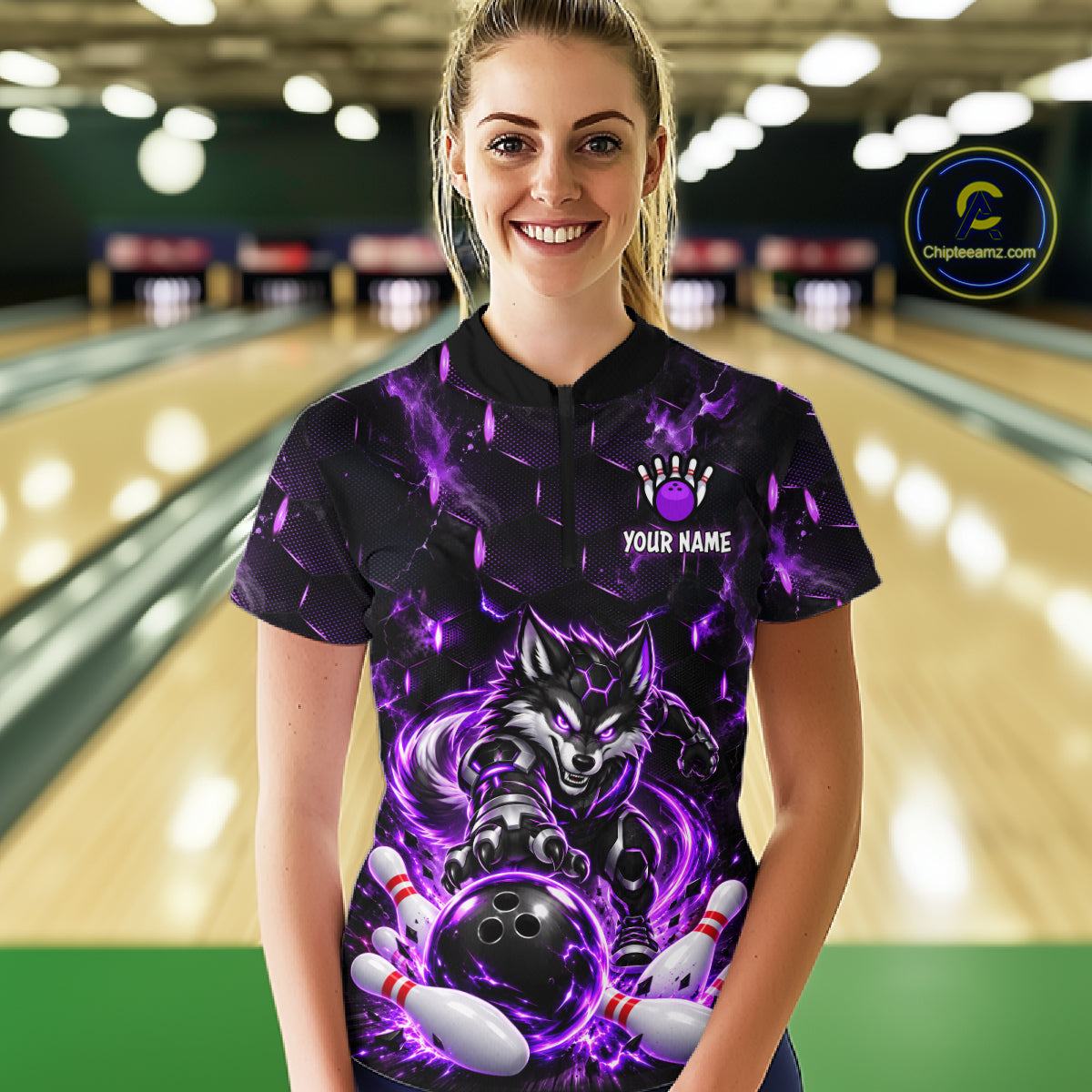 Wolf Bowling Shirt Custom Purple Bowling Team Jersey Polo & 1/4-Zip