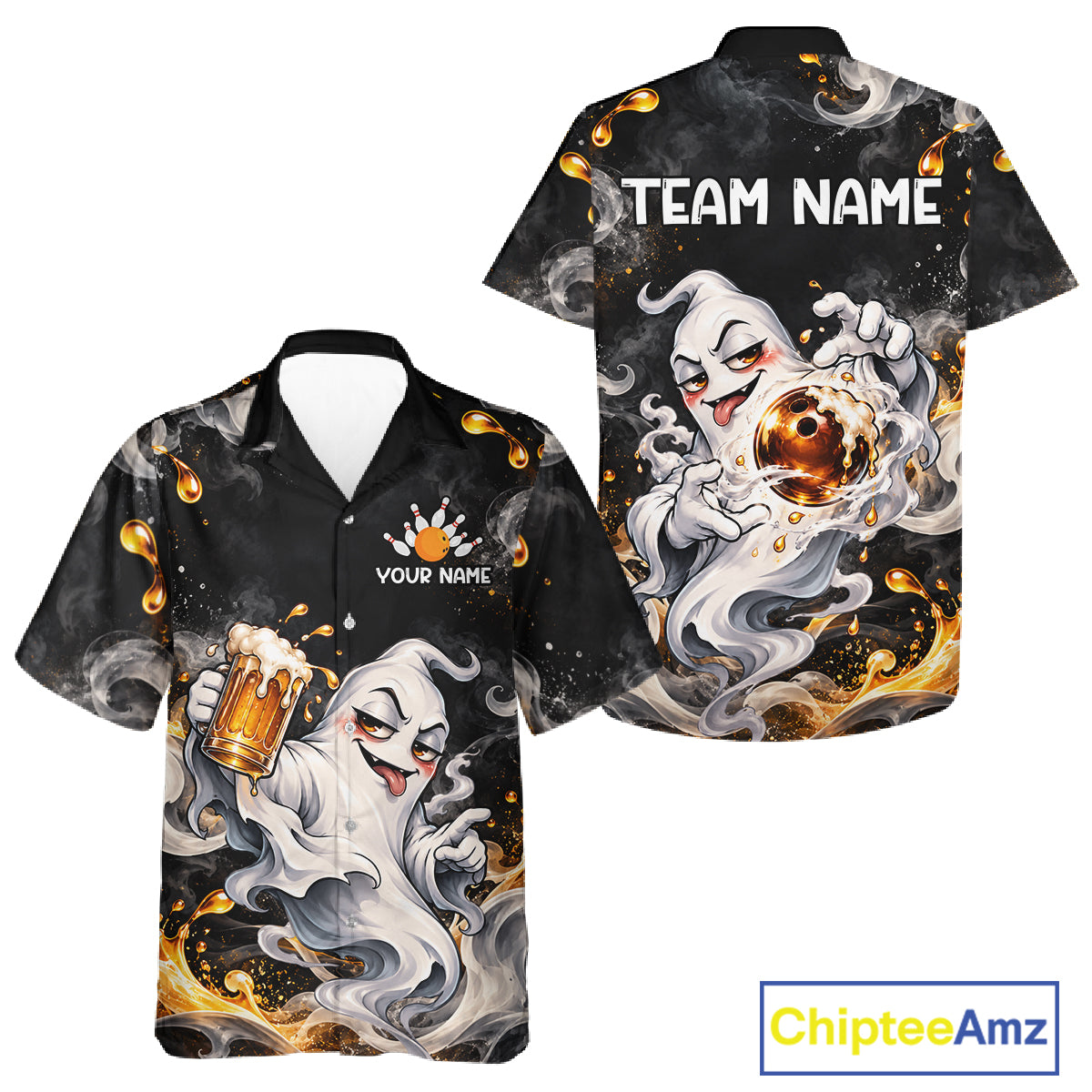 Funny Ghost & Beer Bowling Hawaiian Shirt Custom Black Yellow Bowling Team Button Up Shirt