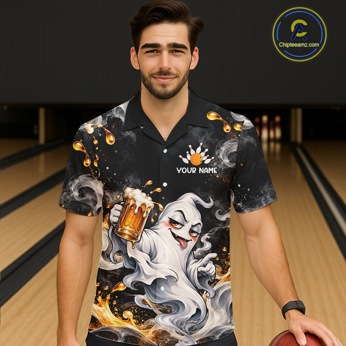 Funny Ghost & Beer Bowling Hawaiian Shirt Custom Black Yellow Bowling Team Button Up Shirt