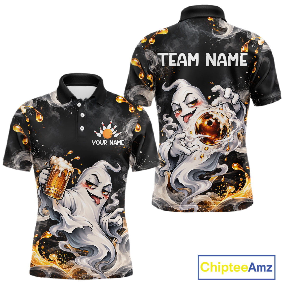 Custom Funny Ghost & Beer Bowling Shirt Black Yellow Bowling Team Jersey Polo & 1/4-Zip