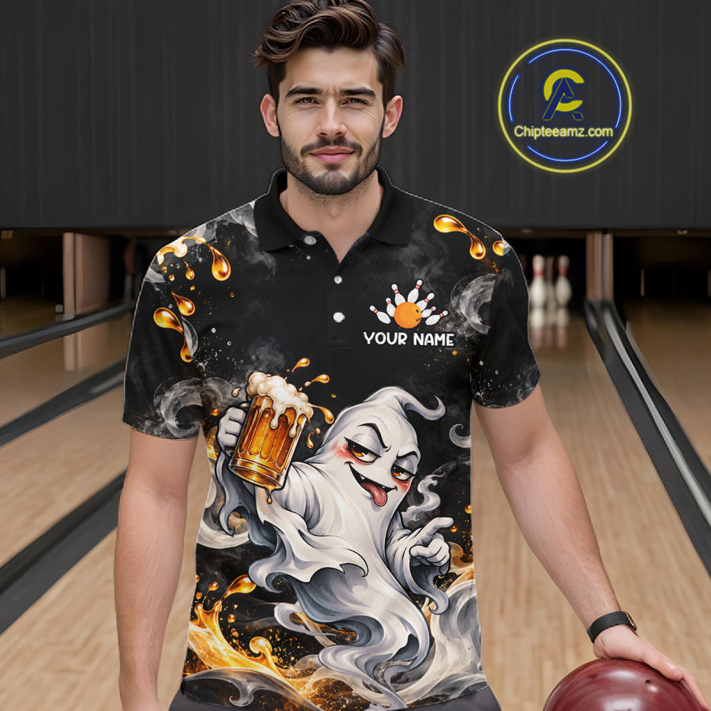 Custom Funny Ghost & Beer Bowling Shirt Black Yellow Bowling Team Jersey Polo & 1/4-Zip