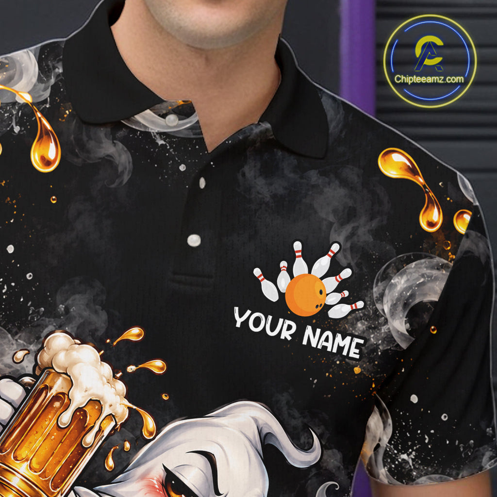 Custom Funny Ghost & Beer Bowling Shirt Black Yellow Bowling Team Jersey Polo & 1/4-Zip