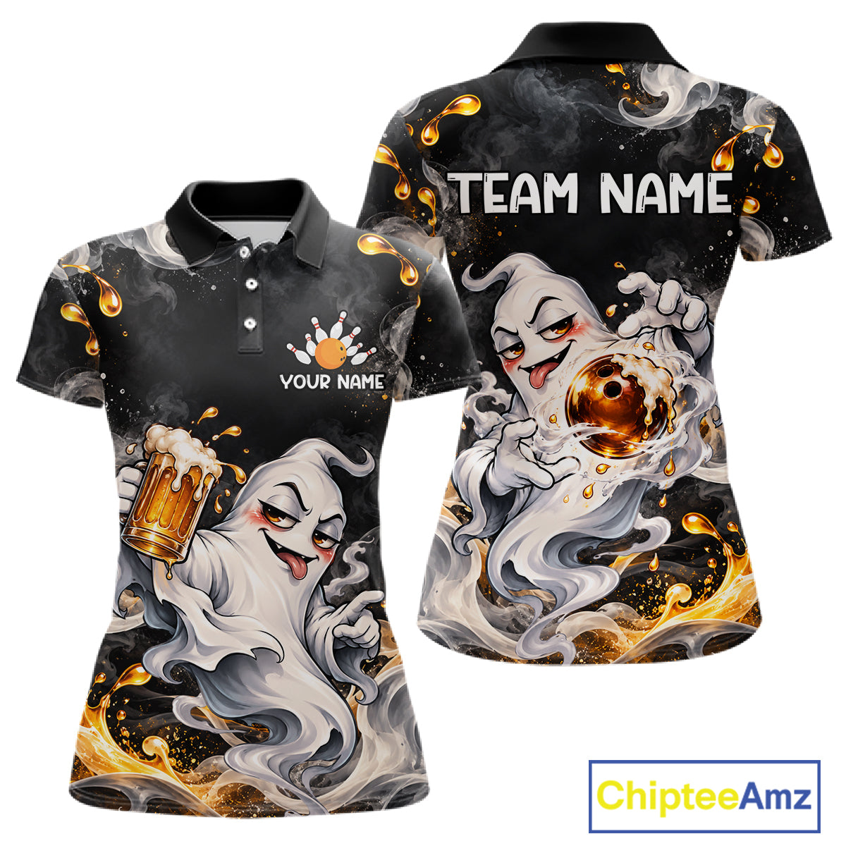 Custom Funny Ghost & Beer Bowling Shirt Black Yellow Bowling Team Jersey Polo & 1/4-Zip