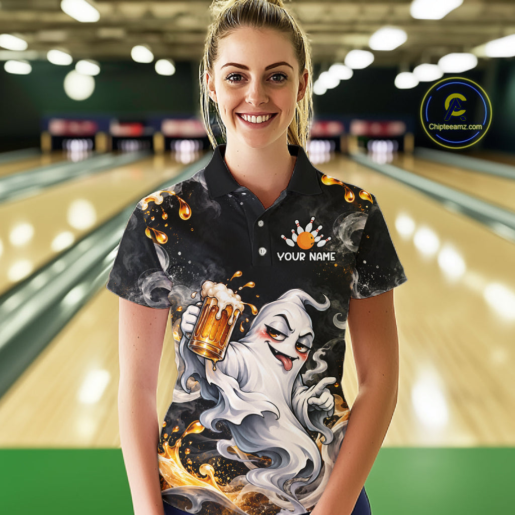 Custom Funny Ghost & Beer Bowling Shirt Black Yellow Bowling Team Jersey Polo & 1/4-Zip