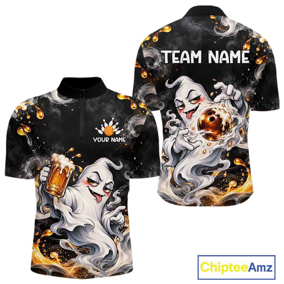 Custom Funny Ghost & Beer Bowling Shirt Black Yellow Bowling Team Jersey Polo & 1/4-Zip