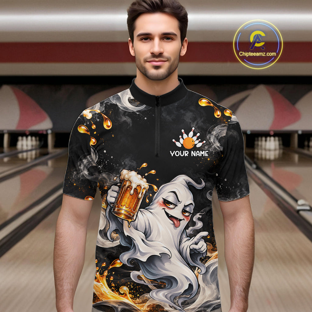 Custom Funny Ghost & Beer Bowling Shirt Black Yellow Bowling Team Jersey Polo & 1/4-Zip