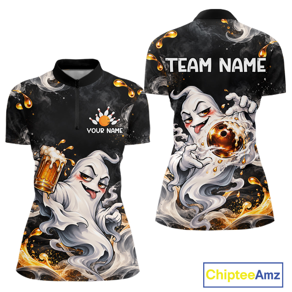 Custom Funny Ghost & Beer Bowling Shirt Black Yellow Bowling Team Jersey Polo & 1/4-Zip