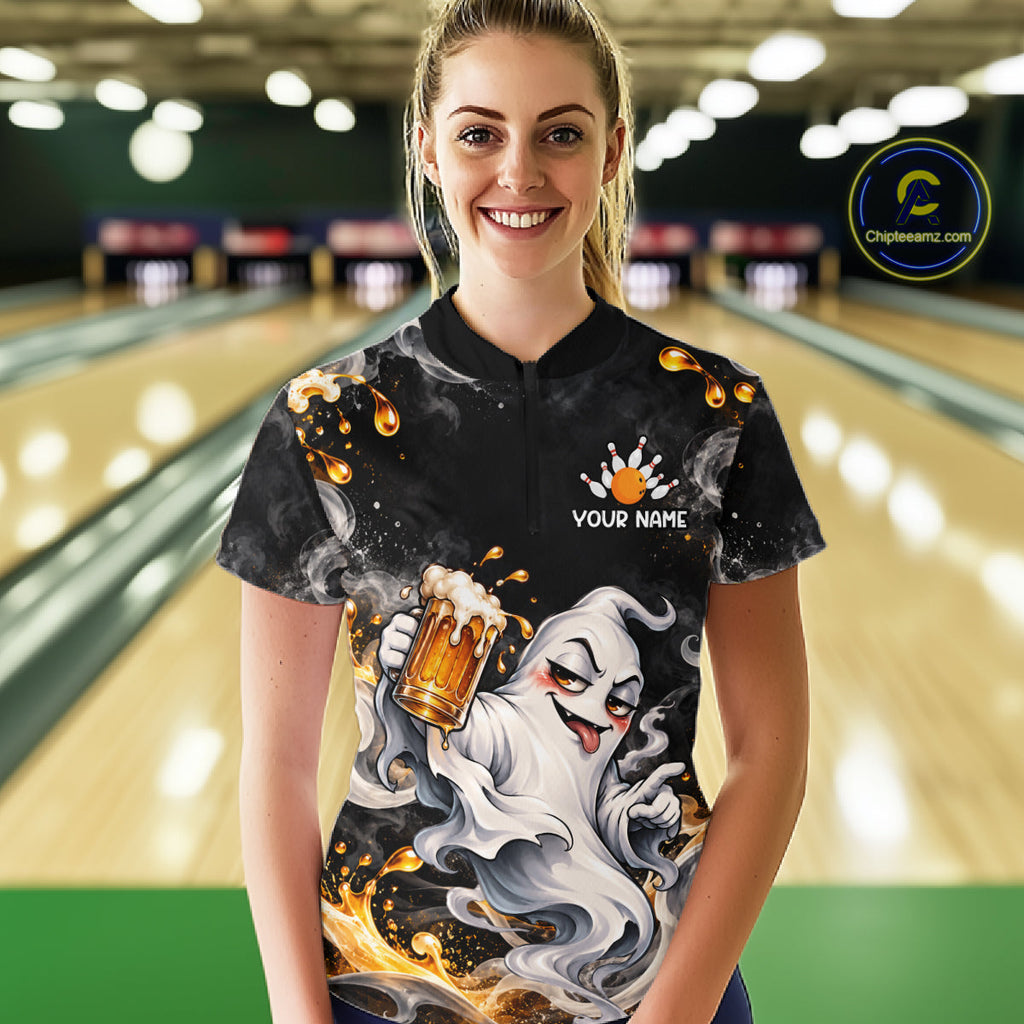 Custom Funny Ghost & Beer Bowling Shirt Black Yellow Bowling Team Jersey Polo & 1/4-Zip