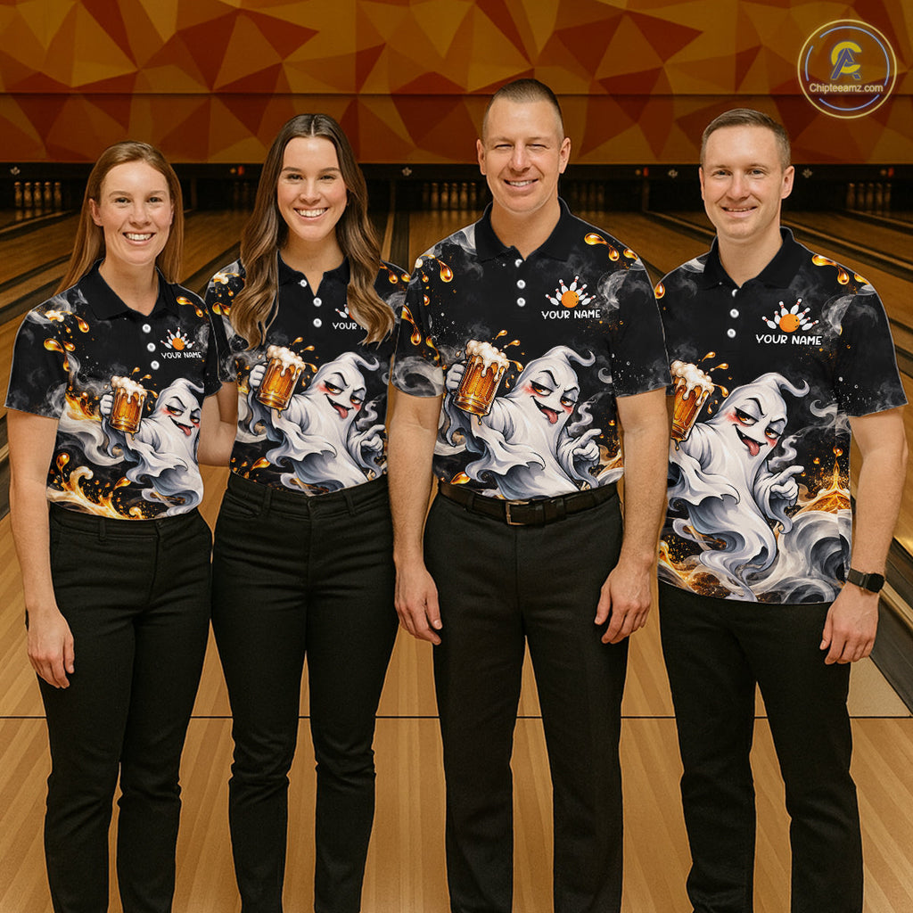 Custom Funny Ghost & Beer Bowling Shirt Black Yellow Bowling Team Jersey Polo & 1/4-Zip