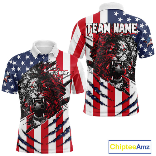 Custom American Flag Lion Bowling Shirt Bowling Team Jersey Polo & Quarter-Zip Uniform