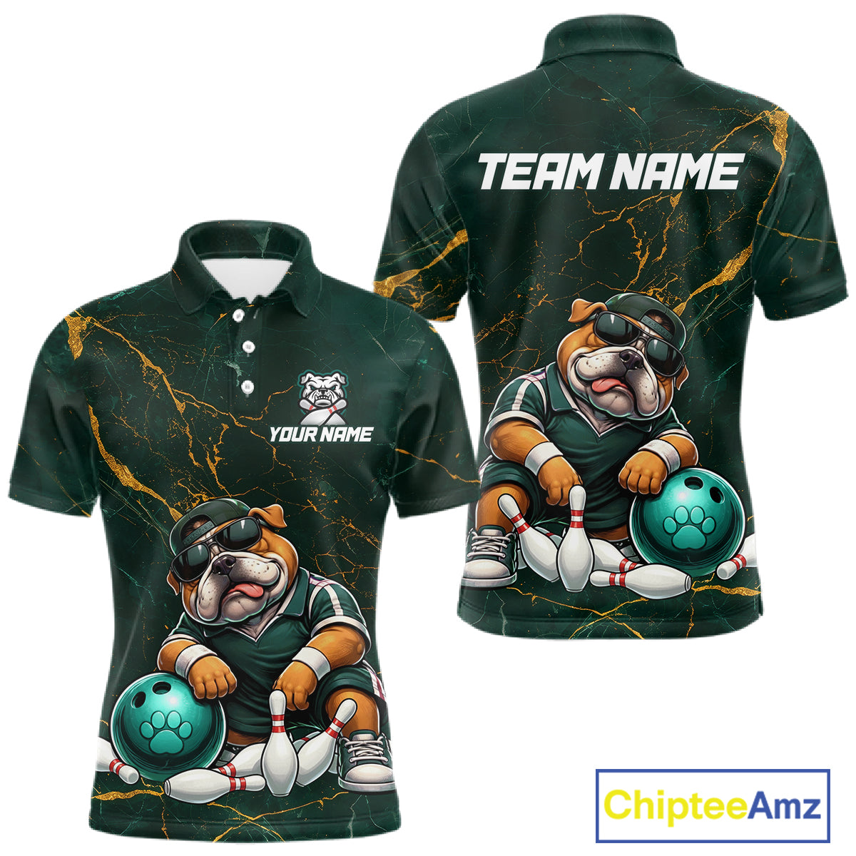 Custom Funny Bulldog Bowling Shirt Emerald & Antique Gold Bowling Jersey Polo & 1/4-Zip