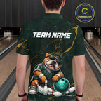 Custom Funny Bulldog Bowling Shirt Emerald & Antique Gold Bowling Jersey Polo & 1/4-Zip