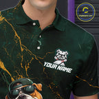 Custom Funny Bulldog Bowling Shirt Emerald & Antique Gold Bowling Jersey Polo & 1/4-Zip