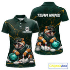 Custom Funny Bulldog Bowling Shirt Emerald & Antique Gold Bowling Jersey Polo & 1/4-Zip