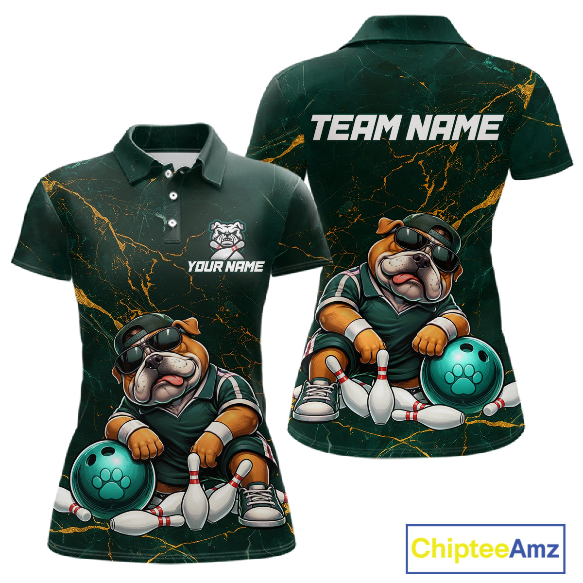 Custom Funny Bulldog Bowling Shirt Emerald & Antique Gold Bowling Jersey Polo & 1/4-Zip
