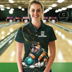 Custom Funny Bulldog Bowling Shirt Emerald & Antique Gold Bowling Jersey Polo & 1/4-Zip