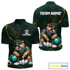 Custom Funny Bulldog Bowling Shirt Emerald & Antique Gold Bowling Jersey Polo & 1/4-Zip