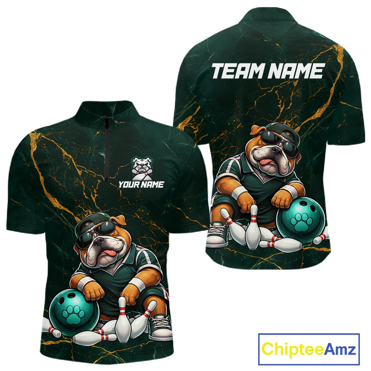 Custom Funny Bulldog Bowling Shirt Emerald & Antique Gold Bowling Jersey Polo & 1/4-Zip