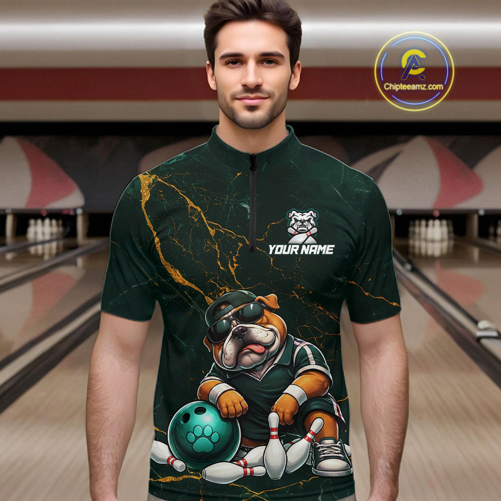 Custom Funny Bulldog Bowling Shirt Emerald & Antique Gold Bowling Jersey Polo & 1/4-Zip