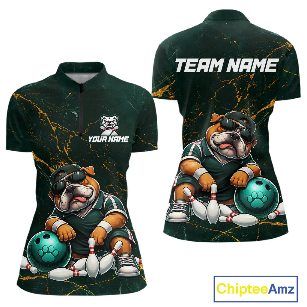 Custom Funny Bulldog Bowling Shirt Emerald & Antique Gold Bowling Jersey Polo & 1/4-Zip