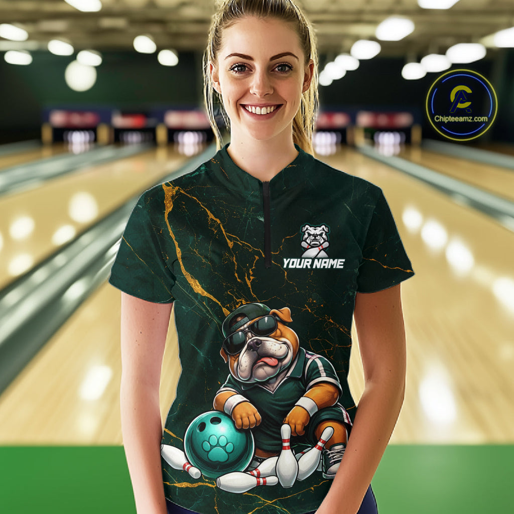 Custom Funny Bulldog Bowling Shirt Emerald & Antique Gold Bowling Jersey Polo & 1/4-Zip
