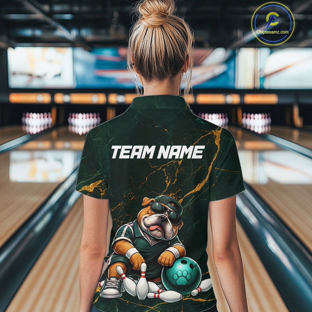 Custom Funny Bulldog Bowling Shirt Emerald & Antique Gold Bowling Jersey Polo & 1/4-Zip
