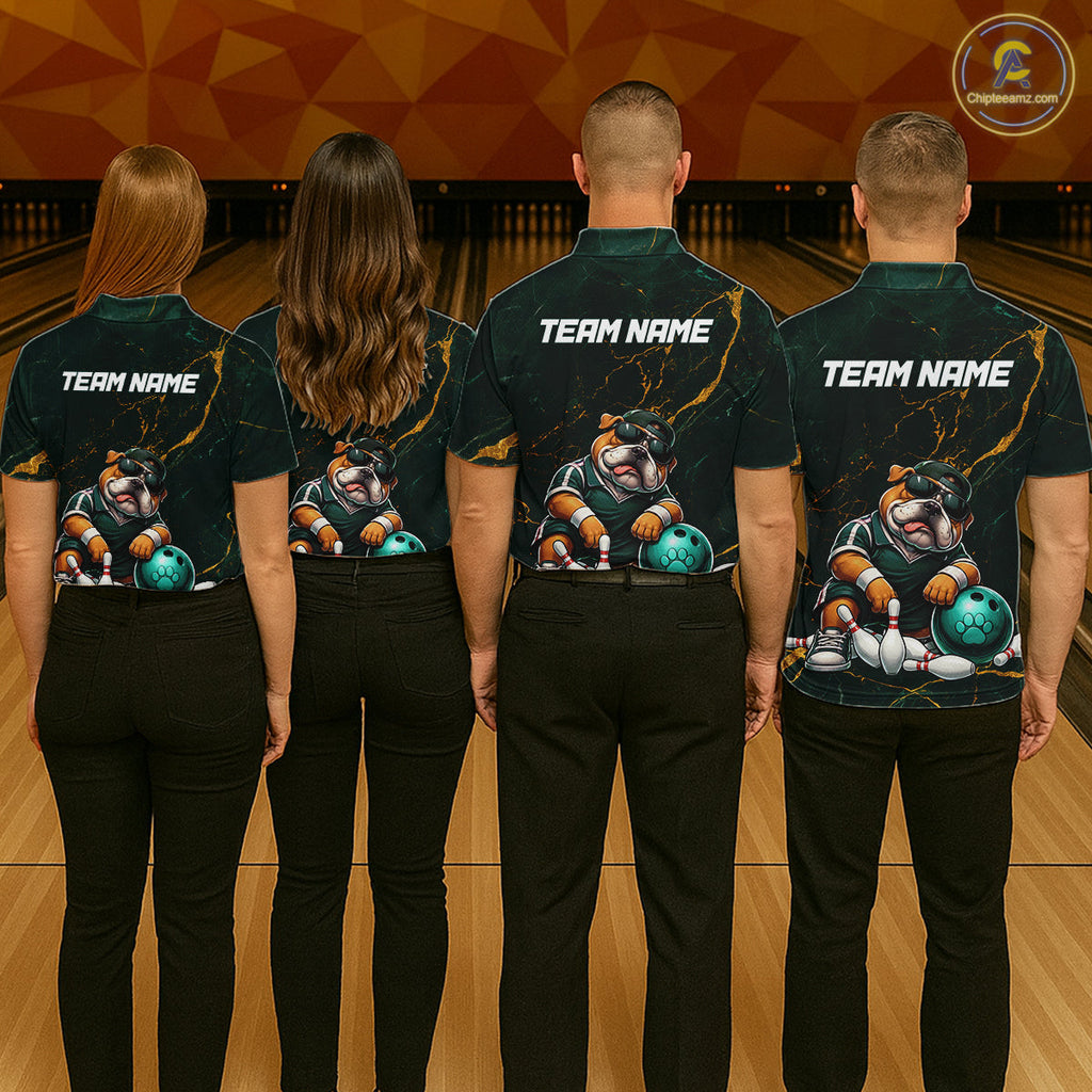 Custom Funny Bulldog Bowling Shirt Emerald & Antique Gold Bowling Jersey Polo & 1/4-Zip