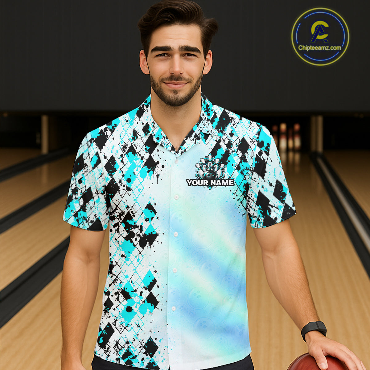 Custom Aurora Gradient Bowling Hawaiian Shirt Teal Argyle Bowling Button Up Shirt