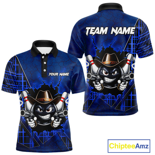 Custom Blue Funny Cowboy Gun Bowling Shirt Bowling Team Jersey Bowling Polo & Quarter-Zip
