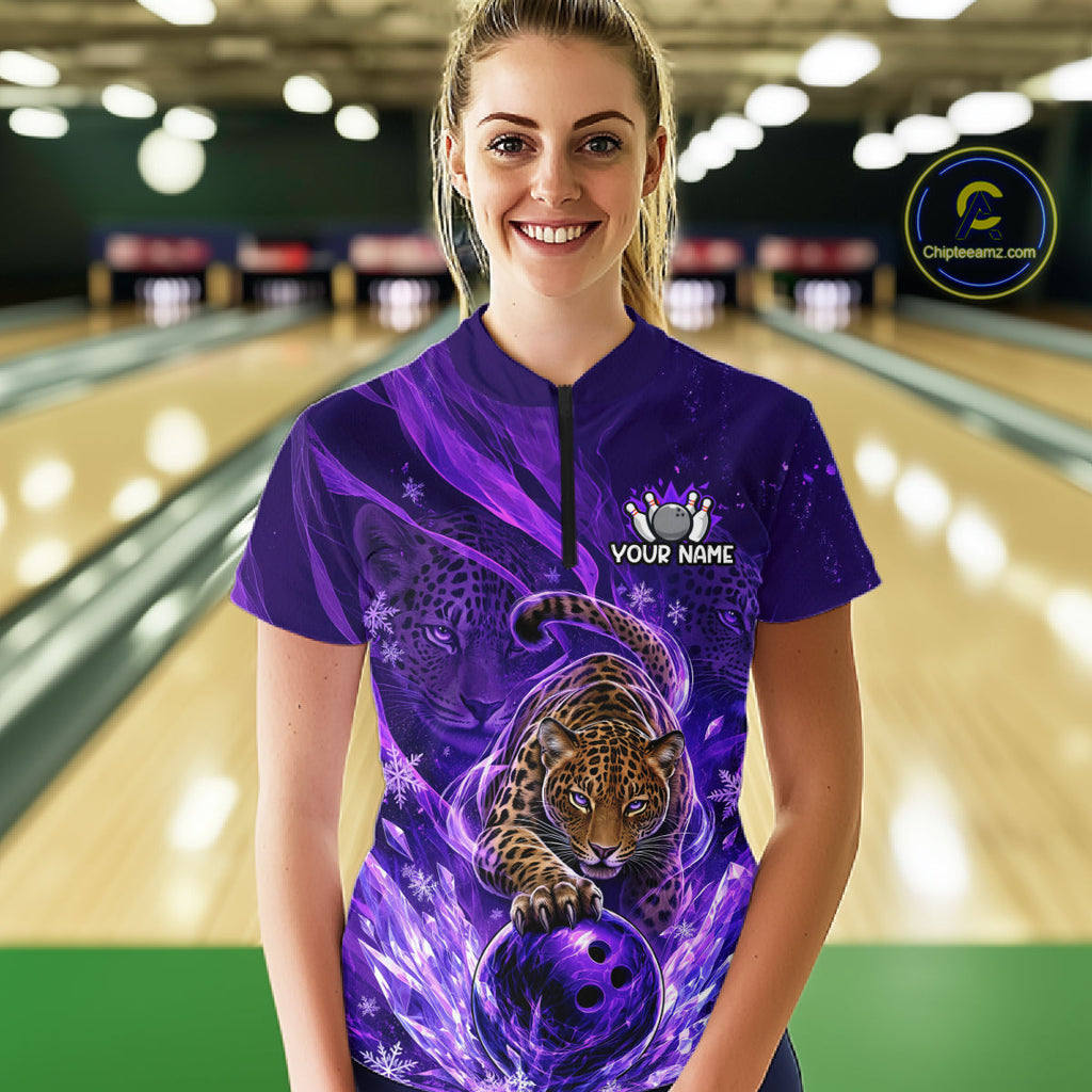Custom Leopard Bowling Team Shirt Purple Bowling Jersey