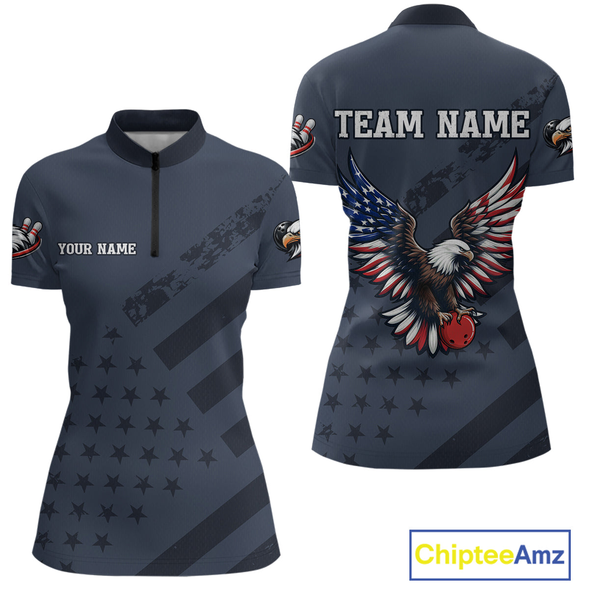 Custom American Flag Eagle Bowling Shirt Polo & Quarter-Zip Bowling Team Jersey