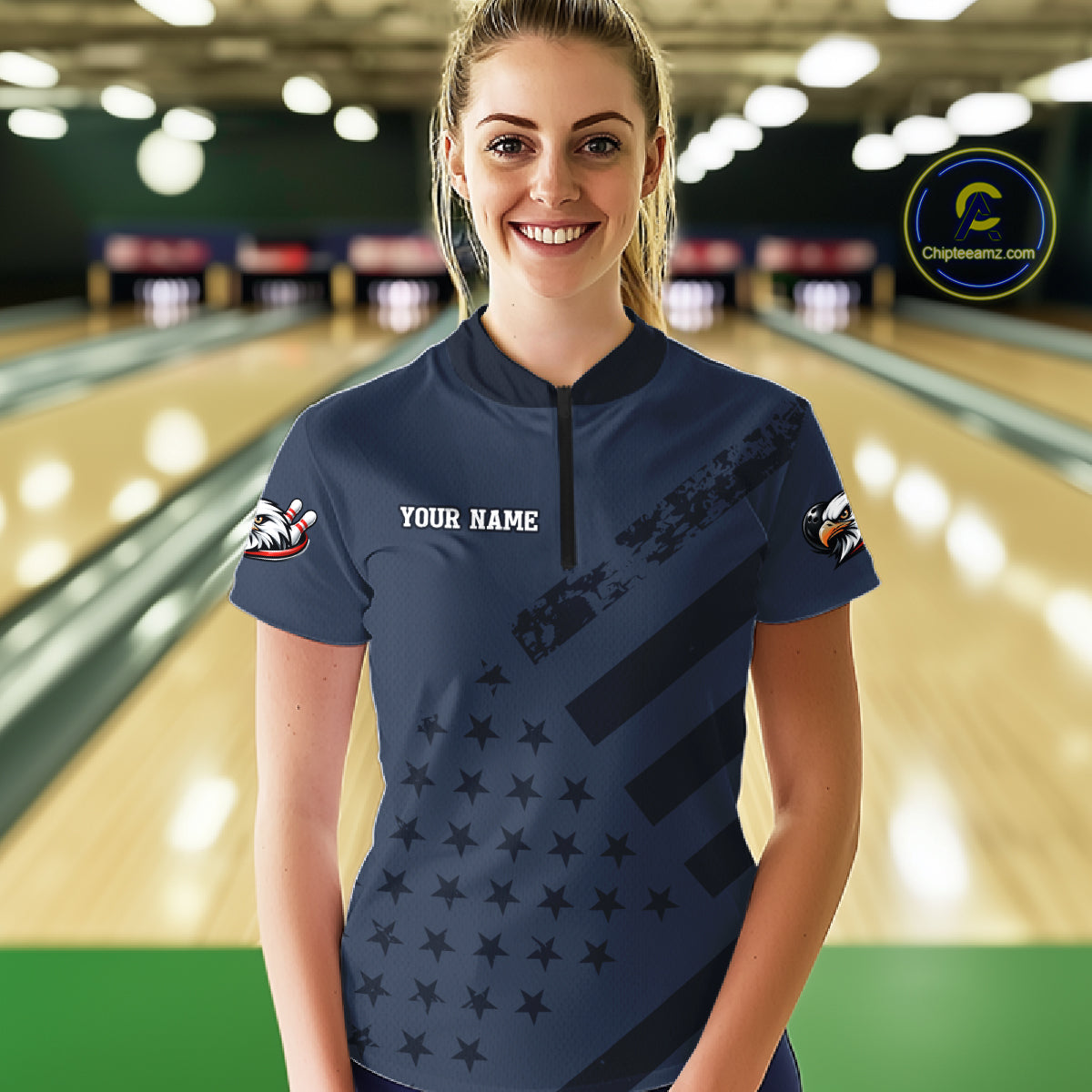 Custom American Flag Eagle Bowling Shirt Polo & Quarter-Zip Bowling Team Jersey