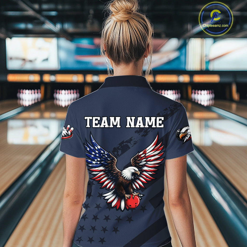 Custom American Flag Eagle Bowling Shirt Polo & Quarter-Zip Bowling Team Jersey