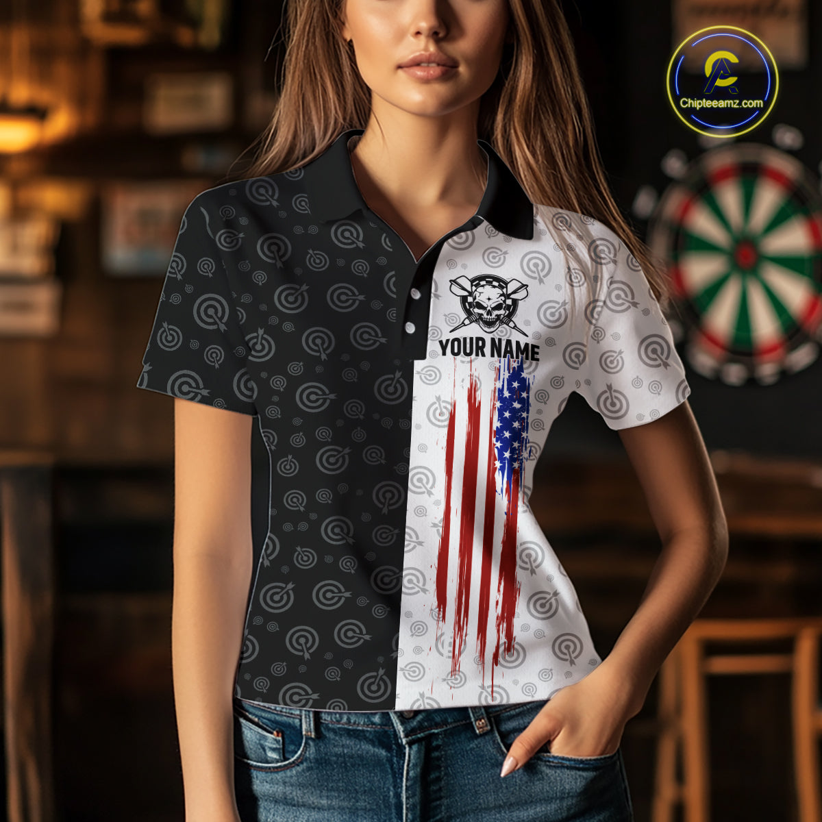 Custom American Flag Dart Team Shirt Skull Darts League Jersey