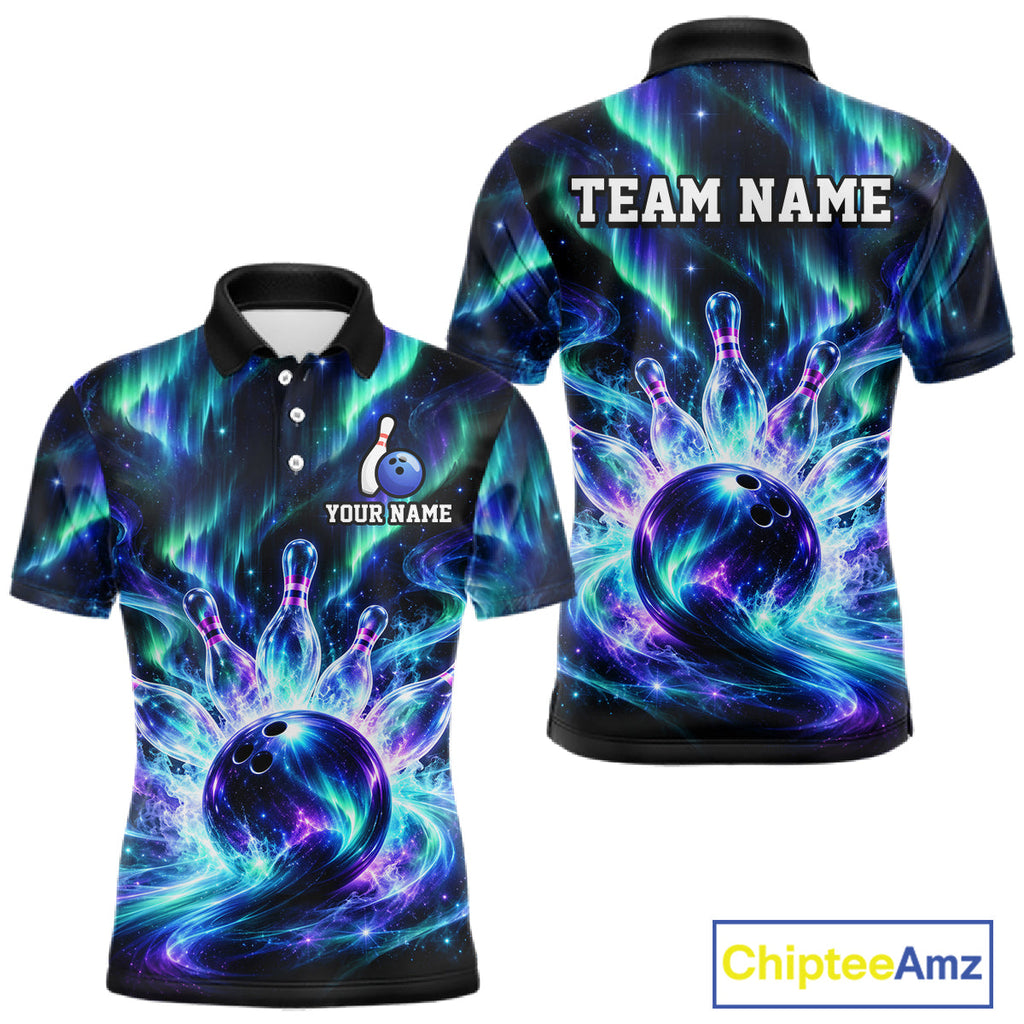 Custom Aurora Galaxy Bowling Shirt Northern Lights Bowling Team Jersey Polo & Quarter-Zip
