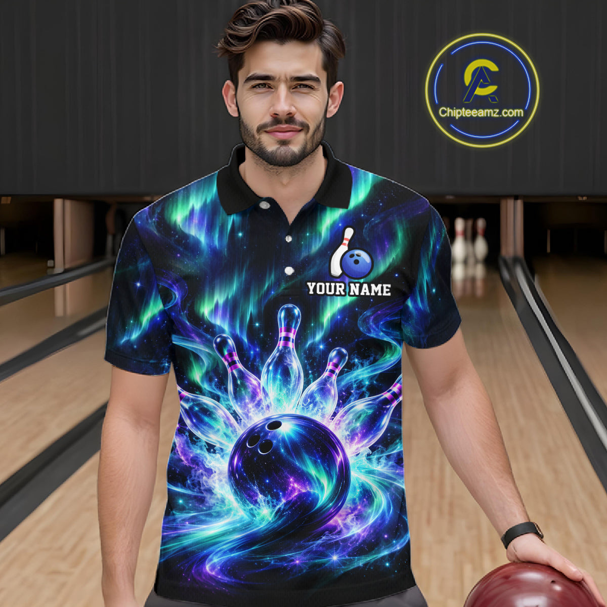 Custom Aurora Galaxy Bowling Shirt Northern Lights Bowling Team Jersey Polo & Quarter-Zip