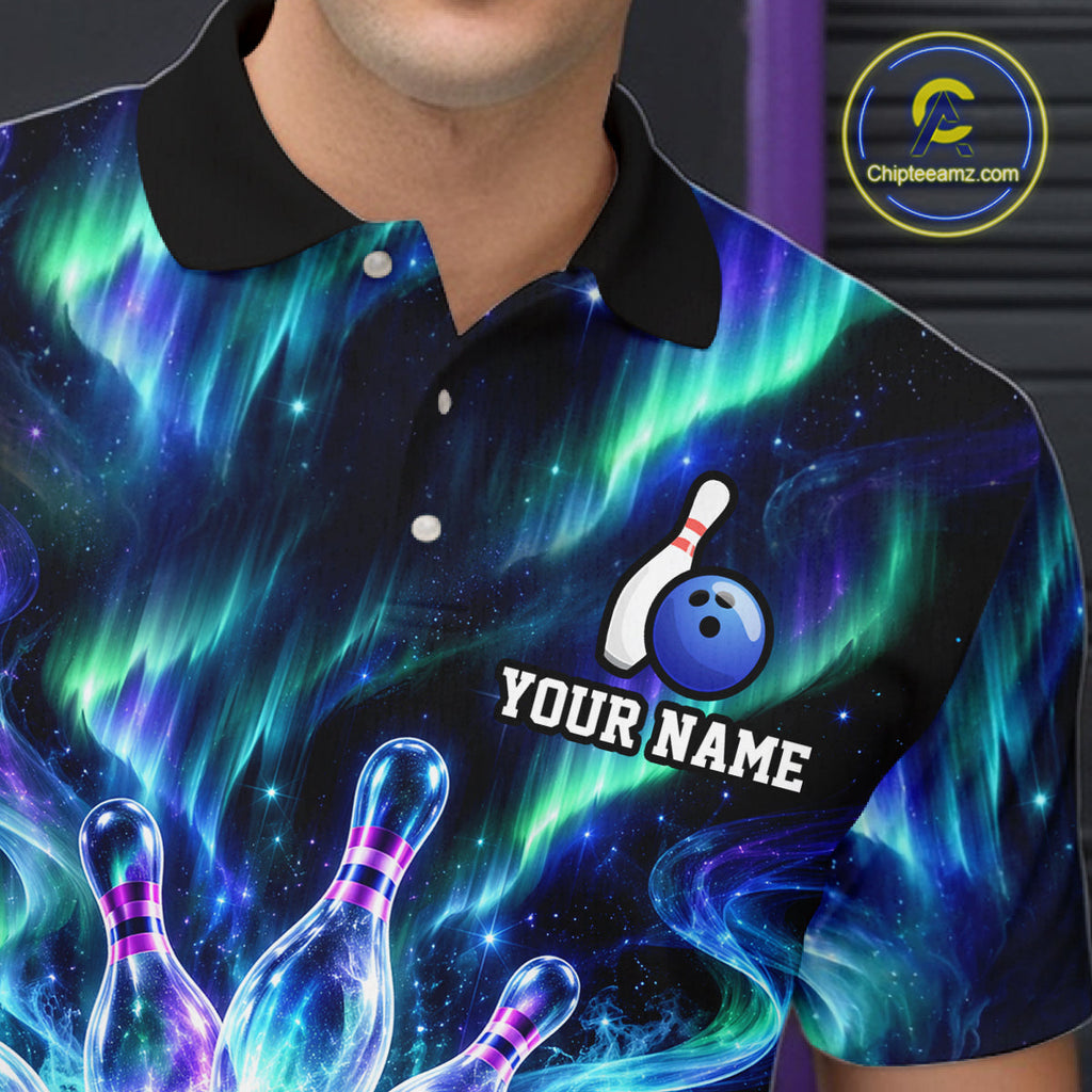 Custom Aurora Galaxy Bowling Shirt Northern Lights Bowling Team Jersey Polo & Quarter-Zip
