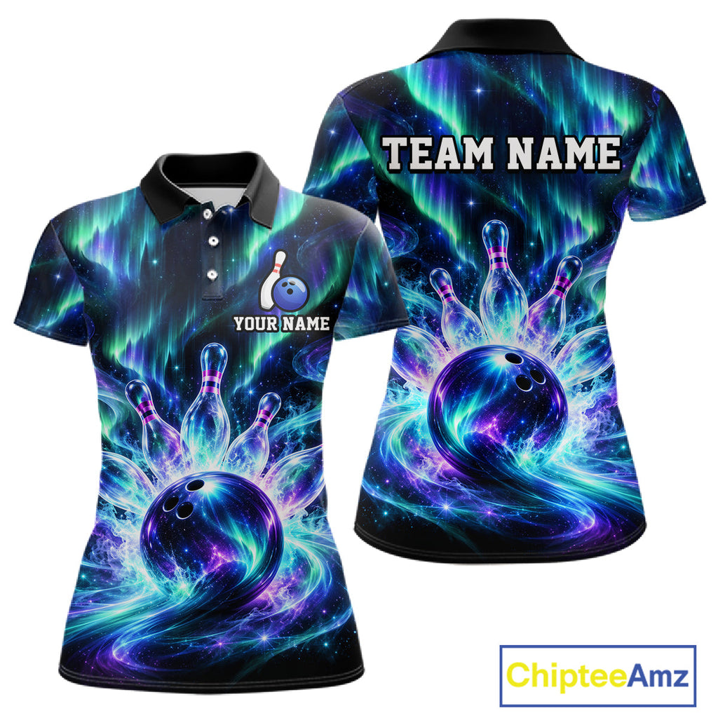 Custom Aurora Galaxy Bowling Shirt Northern Lights Bowling Team Jersey Polo & Quarter-Zip