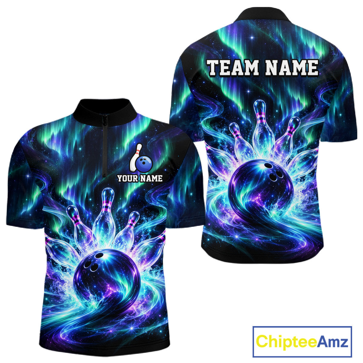 Custom Aurora Galaxy Bowling Shirt Northern Lights Bowling Team Jersey Polo & Quarter-Zip