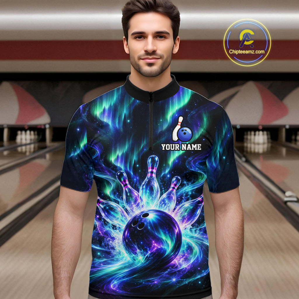Custom Aurora Galaxy Bowling Shirt Northern Lights Bowling Team Jersey Polo & Quarter-Zip