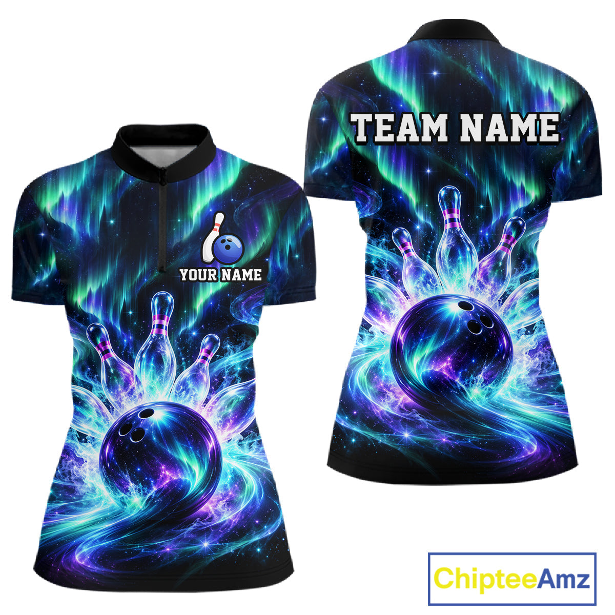 Custom Aurora Galaxy Bowling Shirt Northern Lights Bowling Team Jersey Polo & Quarter-Zip