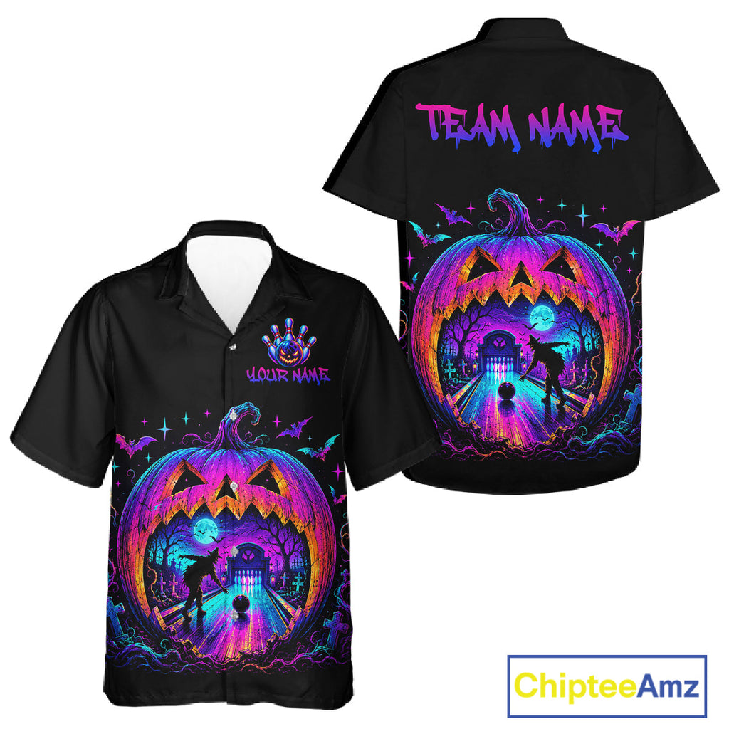 Custom Halloween Pumpkin Bowling Hawaiian Shirt Neon Glow Bowling Team Jersey