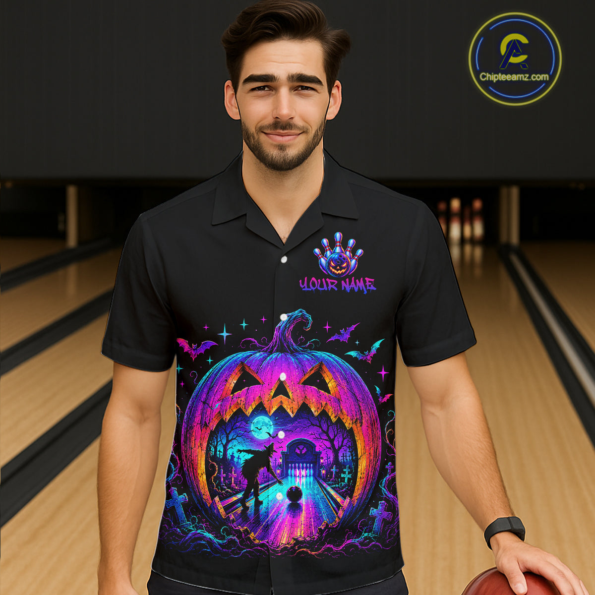 Custom Halloween Pumpkin Bowling Hawaiian Shirt Neon Glow Bowling Team Jersey